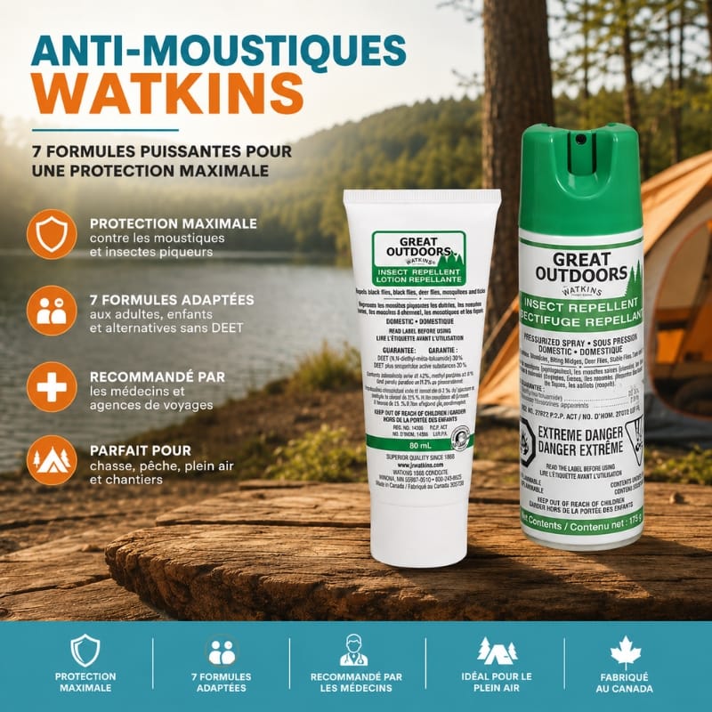 Anti-moustiques Watkins Great Outdoors avec lotion et aérosol pour protection extérieure