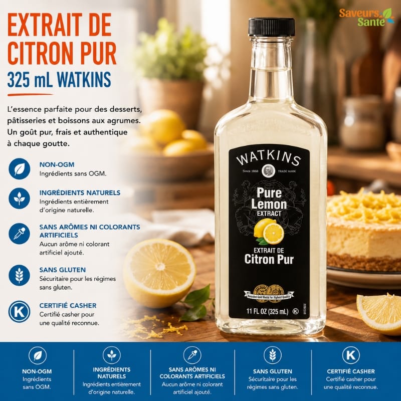 Extrait de citron pur Watkins 325 ml pour pâtisserie, desserts et recettes maison