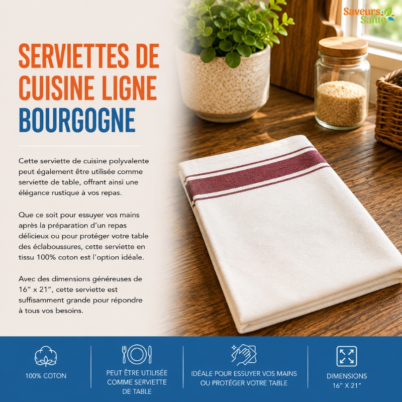 Serviettes de cuisine ligne bourgogne absorbantes et réutilisables