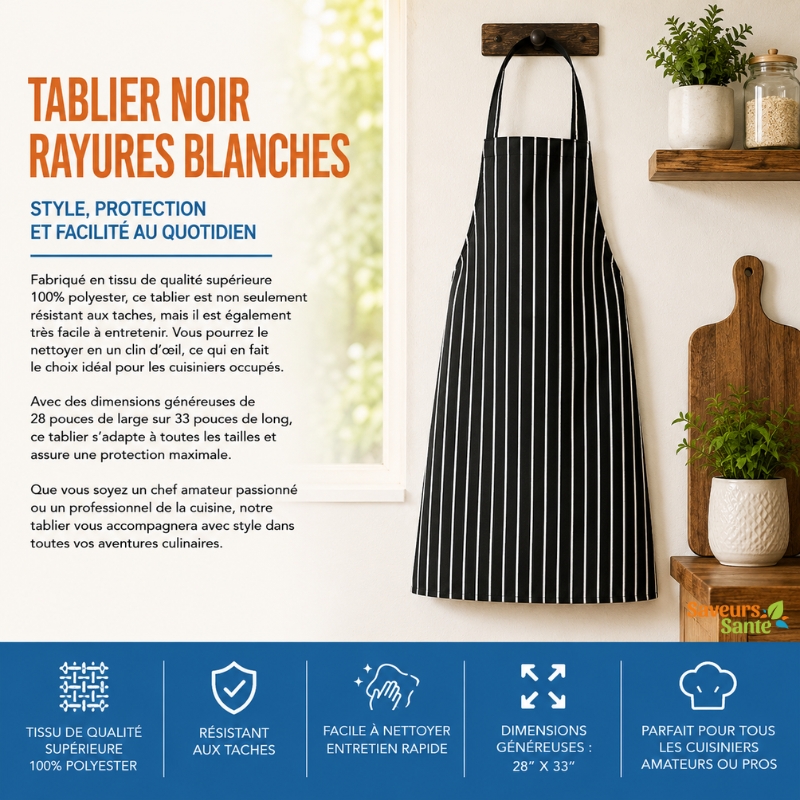 Tablier noir à rayures blanches pour la cuisine et la restauration