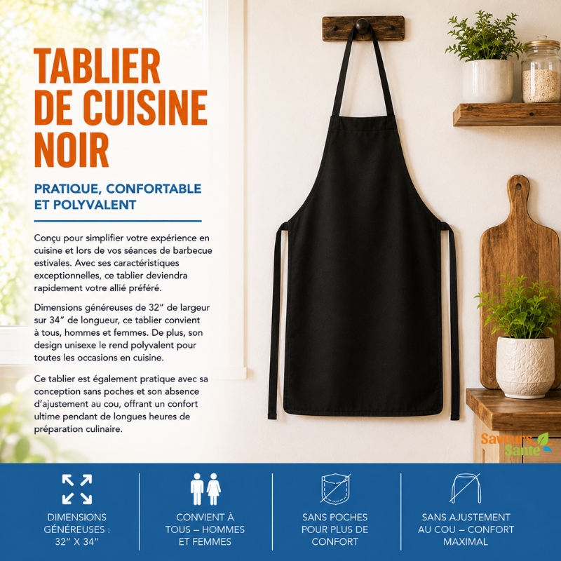 Tablier de cuisine noir résistant pour la préparation des repas