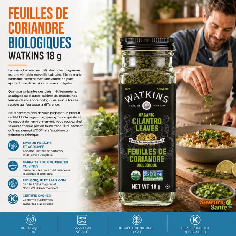Feuilles de coriandre biologiques Watkins 18 g pour tacos, currys, sauces et recettes maison