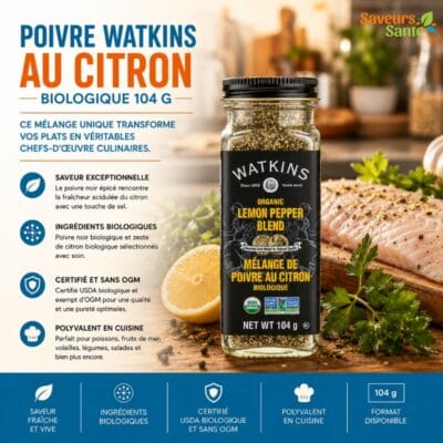 Poivre Watkins au citron biologique 104 g pour poisson, fruits de mer, légumes et grillades