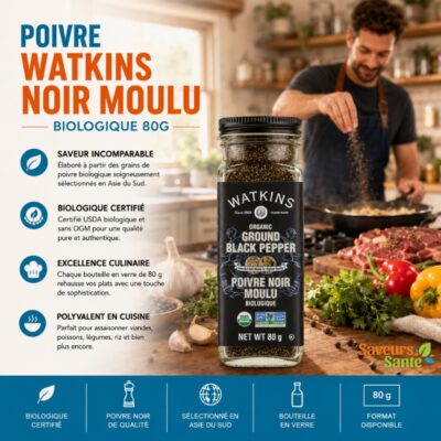 Poivre noir moulu biologique Watkins 80 g 100 % pur pour assaisonner viandes et recettes maison