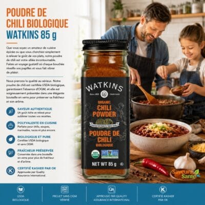 Poudre de chili biologique Watkins 85 g pour tacos, chili, grillades et recettes épicées
