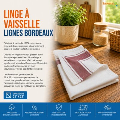 Linge à vaisselle lignes bordeaux absorbant pour la cuisine