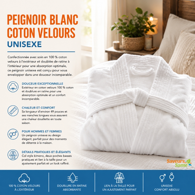 Peignoir blanc en coton velours unisexe doux et confortable