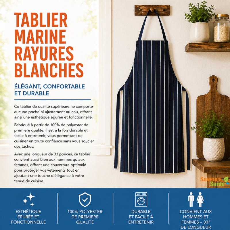 Tablier marine à rayures blanches pour la cuisine et la restauration