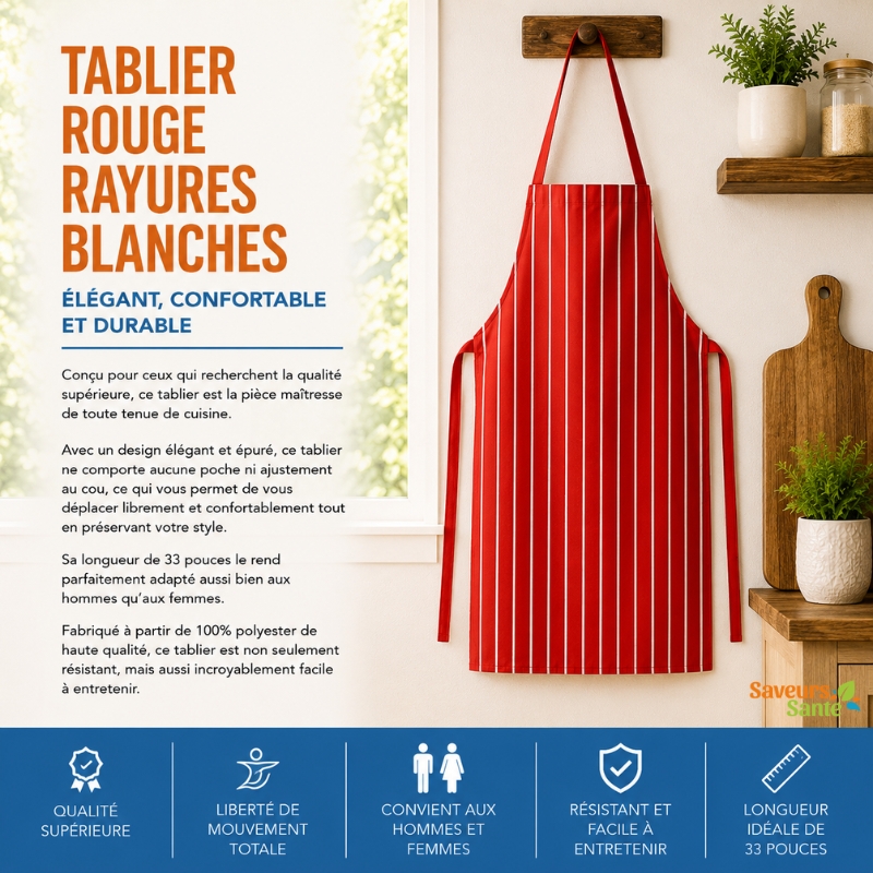 Tablier rouge à rayures blanches pour la cuisine et la restauration