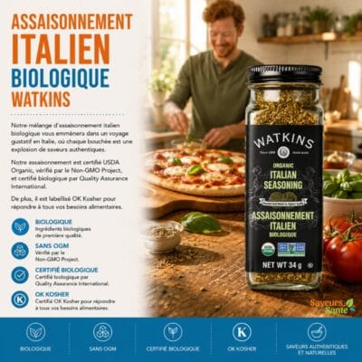 Assaisonnement italien biologique Watkins 34 g pour pâtes, sauces, pizzas et recettes italiennes