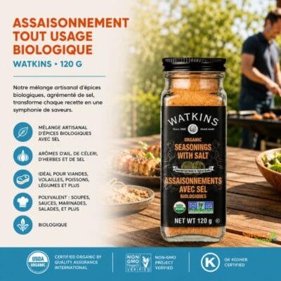 Assaisonnement tout usage biologique Watkins 120 g pour viandes, légumes et recettes maison