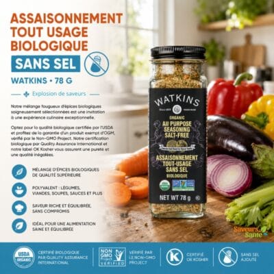Assaisonnement tout usage biologique sans sel Watkins 78 g pour viandes, légumes et recettes maison