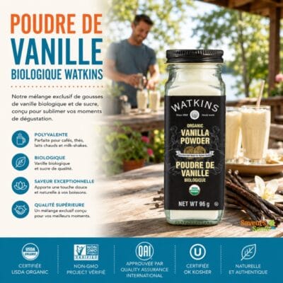Poudre de vanille biologique Watkins 96 g pour cafés, desserts et recettes maison