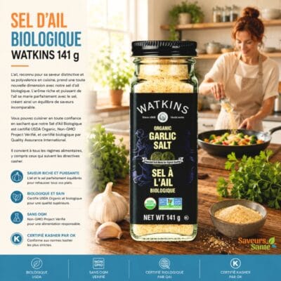 Sel d’ail biologique Watkins 141 g pour grillades, légumes, viandes et recettes maison
