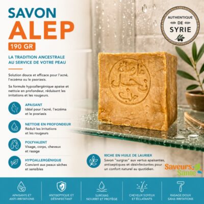 Savon d’Alep 190 g pour nettoyer et hydrater les peaux sensibles et sèches