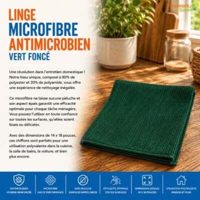 Linge microfibre antimicrobien vert foncé réutilisable pour le nettoyage