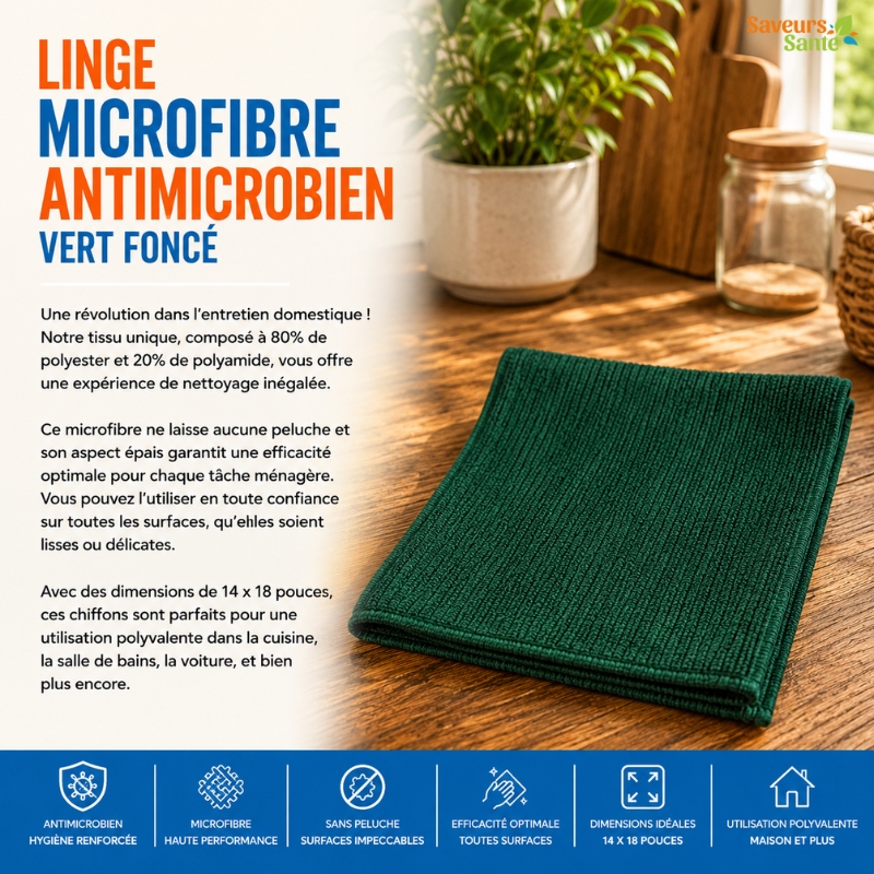 Linge microfibre antimicrobien vert foncé réutilisable pour le nettoyage