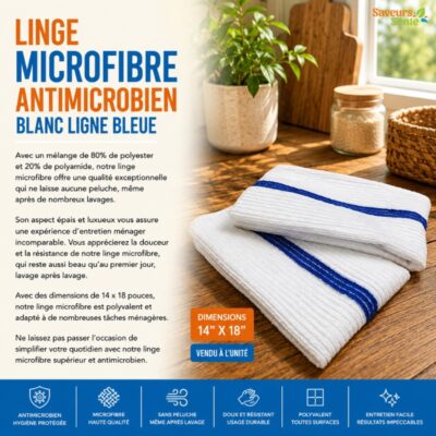 Linge microfibre antimicrobien blanc avec ligne bleue