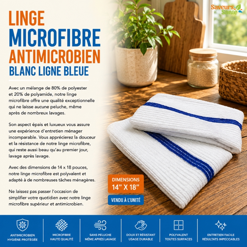 Linge microfibre antimicrobien blanc avec ligne bleue