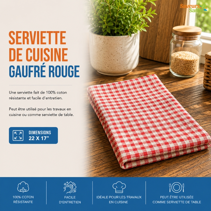 Serviette de cuisine gaufrée rouge absorbante et réutilisable