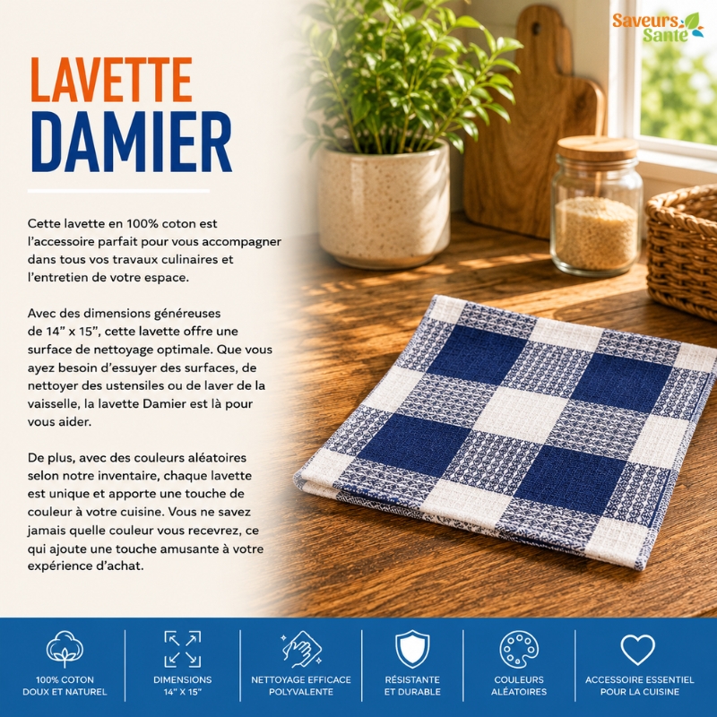 Lavette damier pour la cuisine réutilisable et absorbante