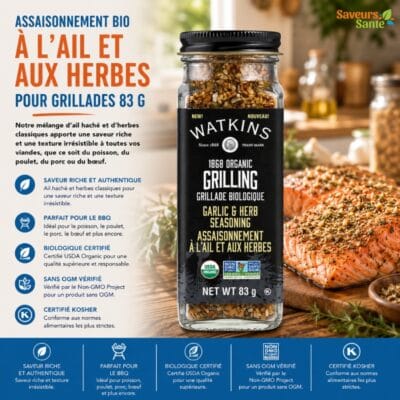 Assaisonnement bio à l’ail et aux herbes pour grillades Watkins 83 g pour viandes et légumes