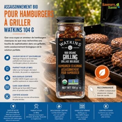Assaisonnement bio pour hamburgers à griller Watkins 104 g pour burgers, grillades et BBQ