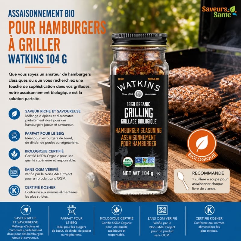 Assaisonnement bio pour hamburgers à griller Watkins 104 g pour burgers, grillades et BBQ