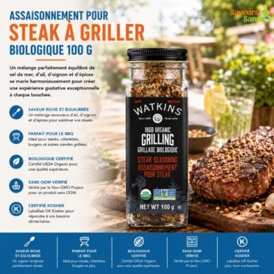 Assaisonnement pour steak à griller biologique Watkins 100 g pour steaks, grillades et BBQ