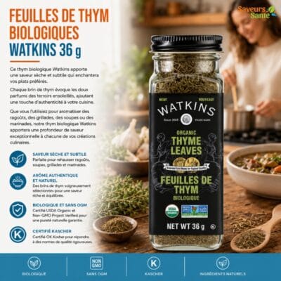 Feuilles de thym biologiques Watkins 36 g pour sauces, grillades et recettes méditerranéennes