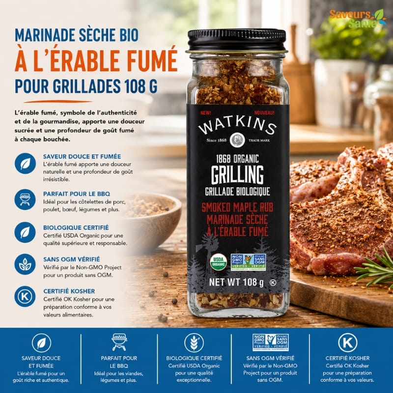 Marinade sèche bio à l’érable fumé Watkins 108 g pour grillades, porc, poulet et BBQ