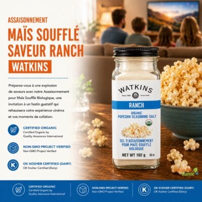 Assaisonnement maïs soufflé ranch biologique Watkins 102 g pour popcorn et collations maison