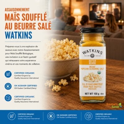 Assaisonnement maïs soufflé au beurre salé biologique Watkins 150 g pour popcorn et collations maison