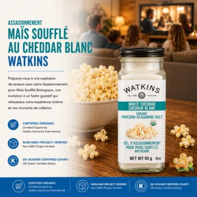 Assaisonnement maïs soufflé au cheddar blanc biologique Watkins 93 g pour popcorn et collations maison