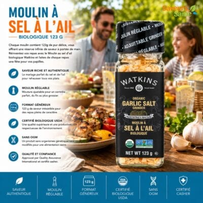 Moulin sel et ail biologique Watkins 123 g pour grillades, légumes et recettes maison