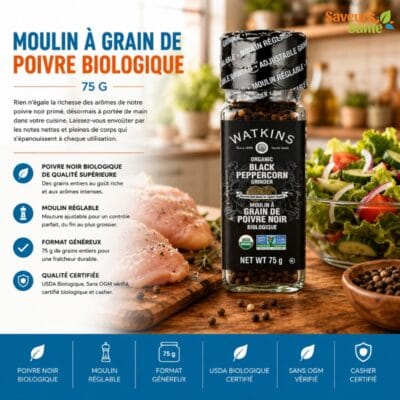Moulin à grain de poivre biologique Watkins 75 g pour assaisonner viandes et recettes maison