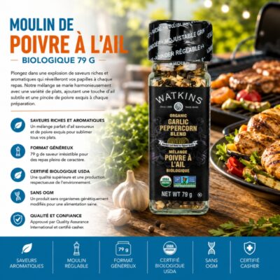 Moulin de poivre à l’ail biologique Watkins 79 g pour grillades, légumes et recettes maison
