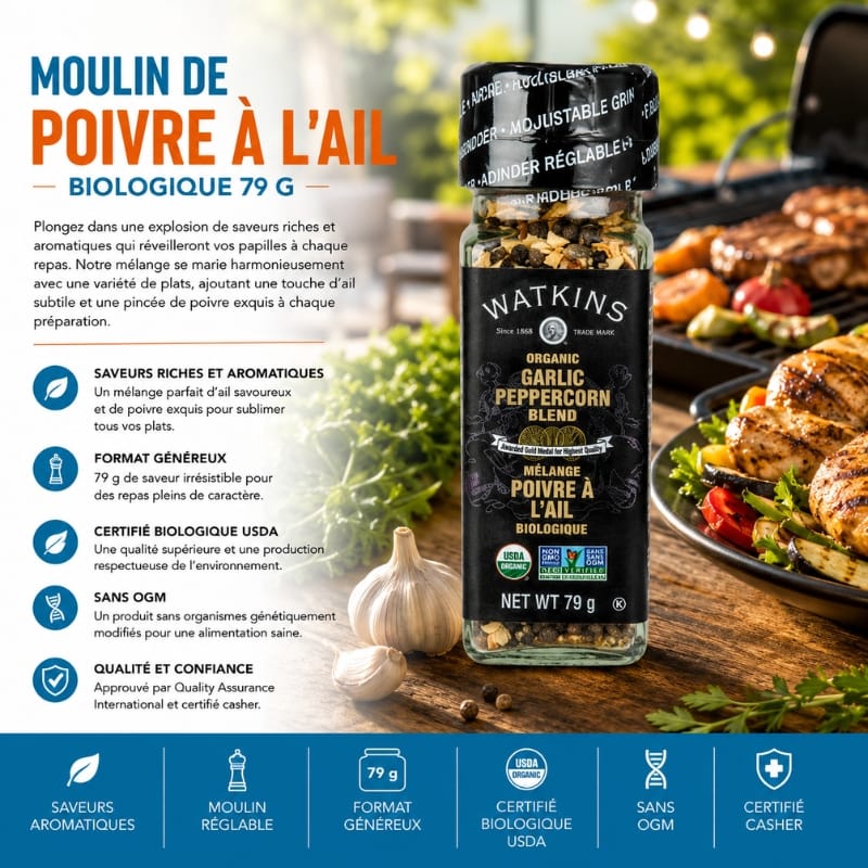 Moulin de poivre à l’ail biologique Watkins 79 g pour grillades, légumes et recettes maison