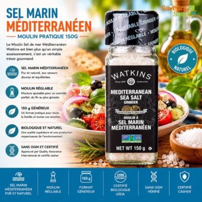 Moulin pour sel marin pratique méditerranéen Watkins 150 g pour salades, grillades et recettes maison