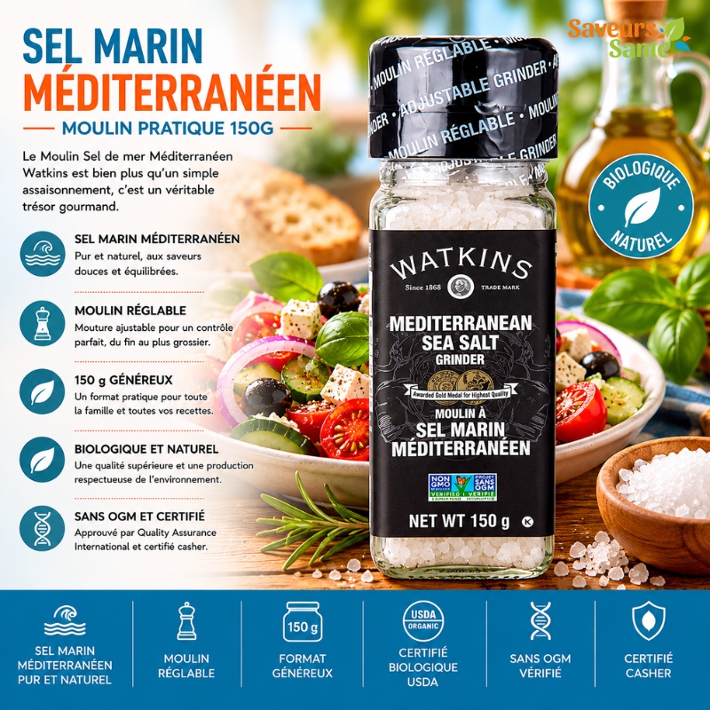 Moulin pour sel marin pratique méditerranéen Watkins 150 g pour salades, grillades et recettes maison
