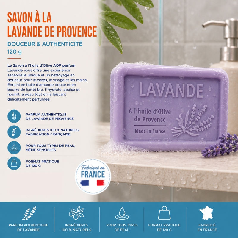 Savon à la Lavande de Provence 120 g pour nettoyer la peau en douceur
