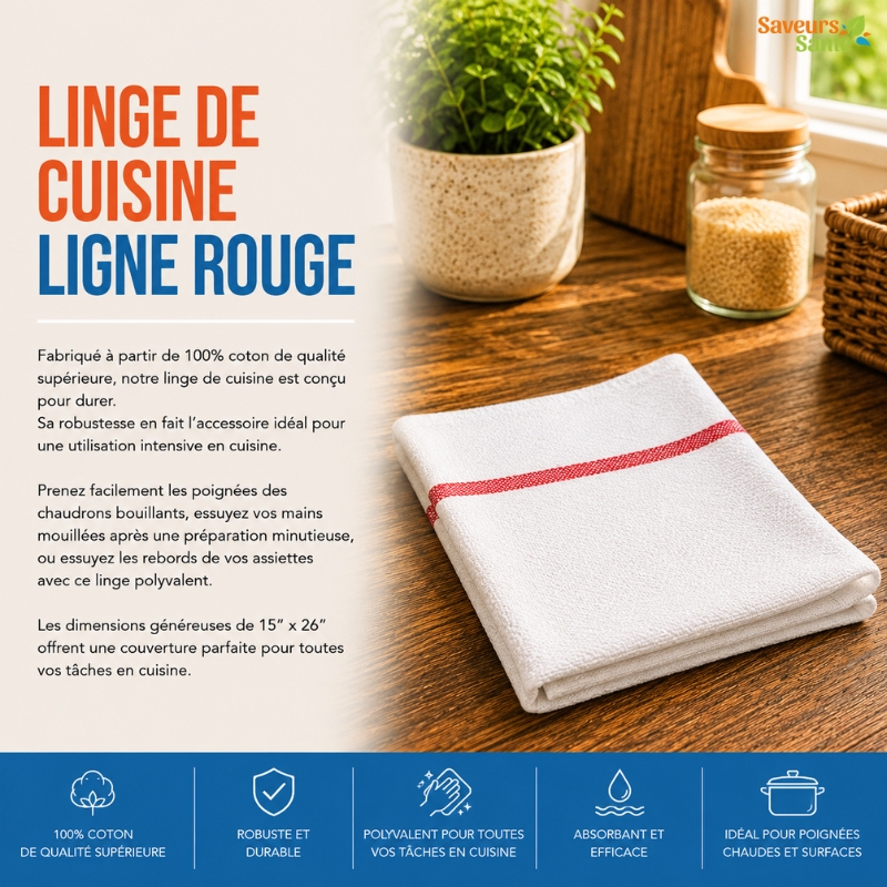 Linge de cuisine ligne rouge absorbant et réutilisable