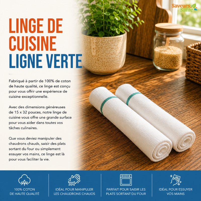Linge de cuisine ligne verte absorbant et réutilisable