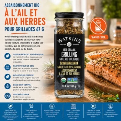 Assaisonnement à l’ail et aux herbes sans sel bio Watkins 67 g pour grillades et légumes