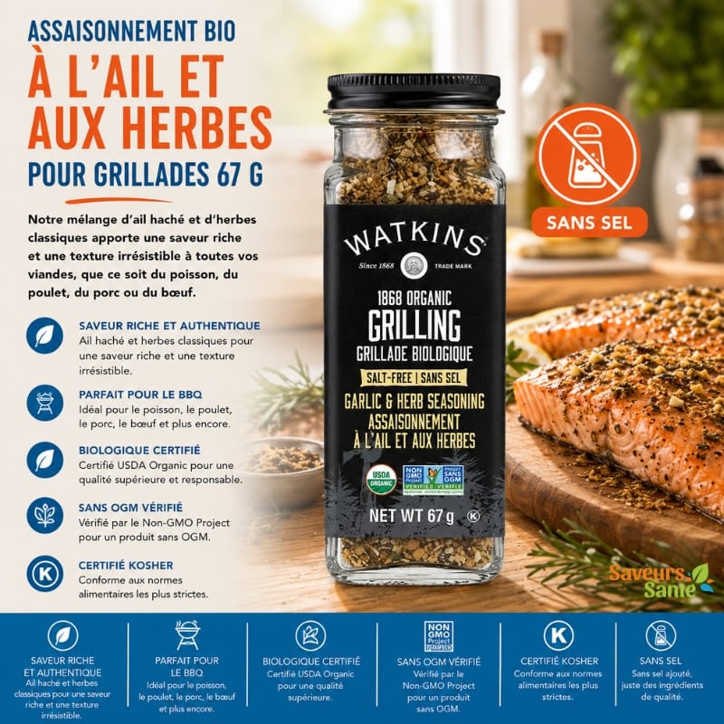 Assaisonnement à l’ail et aux herbes sans sel bio Watkins 67 g pour grillades et légumes