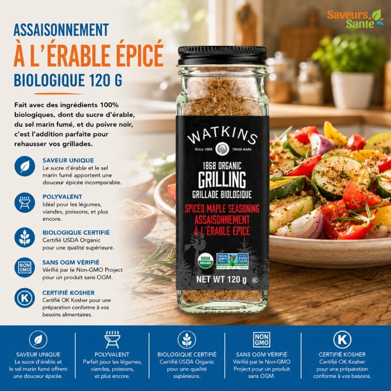Assaisonnement à l’érable épicé biologique Watkins 120 g pour grillades, légumes et recettes BBQ