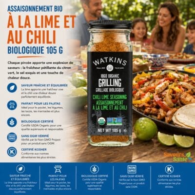 Assaisonnement à la lime et au chili biologique Watkins 105 g pour tacos, grillades et recettes mexicaines