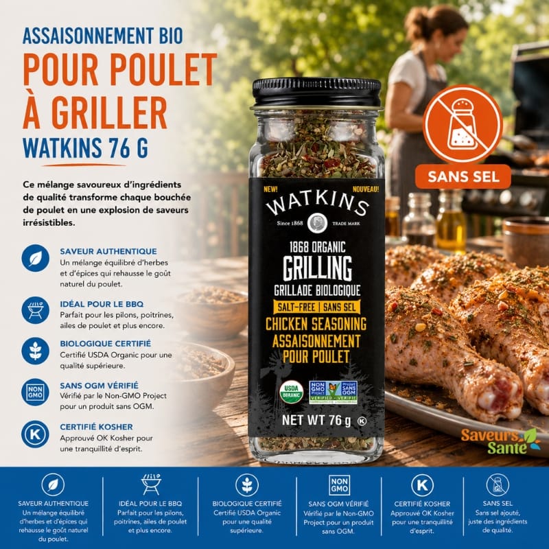 Assaisonnement pour poulet sans sel biologique Watkins 76 g pour poulet BBQ, grillades et recettes maison