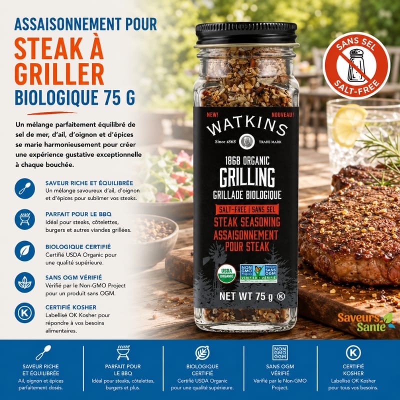 Assaisonnement pour steak sans sel biologique Watkins 75 g pour steaks, grillades et BBQ