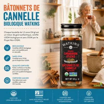 Bâtonnets de cannelle biologique Watkins 34 g pour boissons chaudes, desserts et recettes maison
